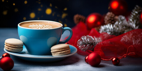 Obraz na płótnie Canvas A cup of coffee with foam on a dark wood with gingerbread, cup of coffee with christmas decorations with generative ai