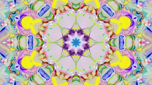 Mosaic ornamental background metamorphoses and rotation. Kaleidoscopic variations of outlandish flowers backdrop rhythmical motion, pulsation, mindbending transformations. 4K UHD 4096x2304