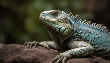 Fototapeta premium Green iguana crawling on branch in tropical rainforest generated by AI