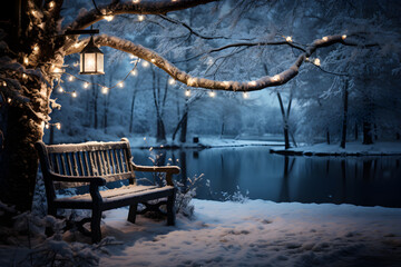 Winter Serenity: A snow-covered backyard with a lone bench, adorned with fairy lights, overlooking a frozen lake. 