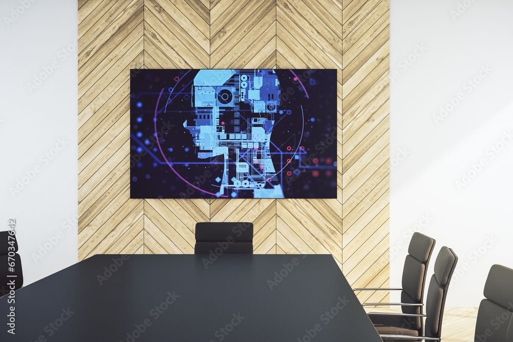 Aufkleber creative human head microcircuit on presentation monitor in a modern boardroom. future technology an