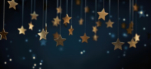 Golden star decorations hanged on a black background, christmas concept. - obrazy, fototapety, plakaty