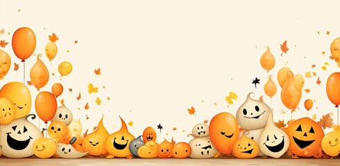 Fototapeta premium Halloween holiday concept with jack o lantern glitter pumpkin decor decoration and party concept air balloons for halloween over yellow background.
