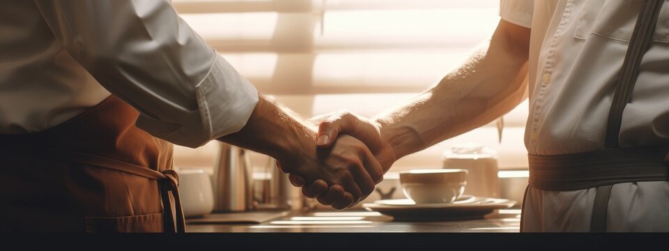 Colleagues, Partners, Man And Woman Shake Hands, In Coffee Shop.