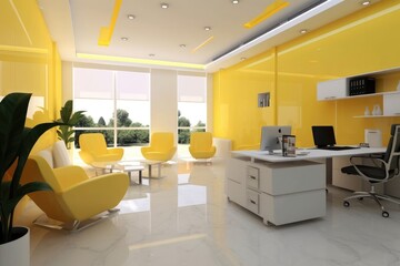 Interior of a modern office room with light yellow walls and chairs. Created with Ai