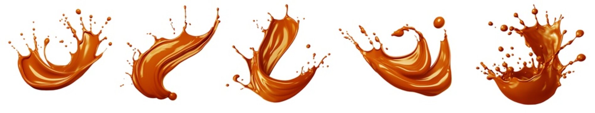 Orange Mustard brown cream liquid paint ink splash swirl wave on transparent background cutout, PNG file. Many assorted different design. Mockup template for artwork graphic design