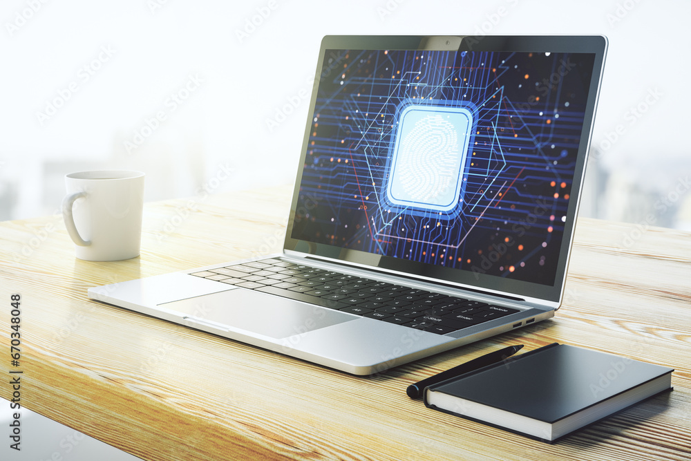 Fototapete Modern computer display with abstract graphic fingerprint sketch, fingerprint scan data concept. 3D Rendering
