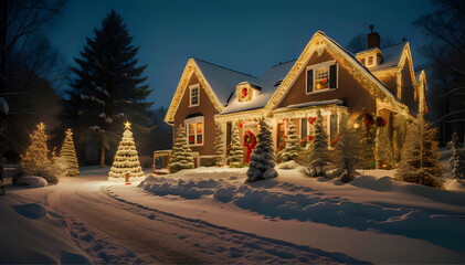 View of a house at night illuminated with Christmas lights, featuring a snow-covered path with pine trees around