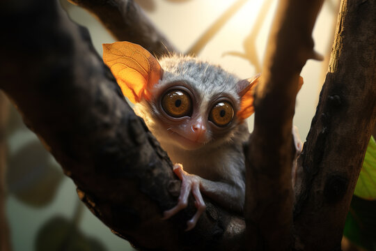 Image of tarsier monkey tarsius syrichta on the tree in natural jungle. Wildlife Animals.