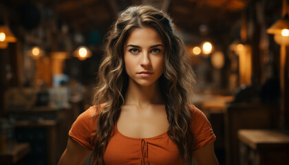 Fototapeta premium Beautiful woman with long brown hair, sitting indoors, looking confident generated by AI
