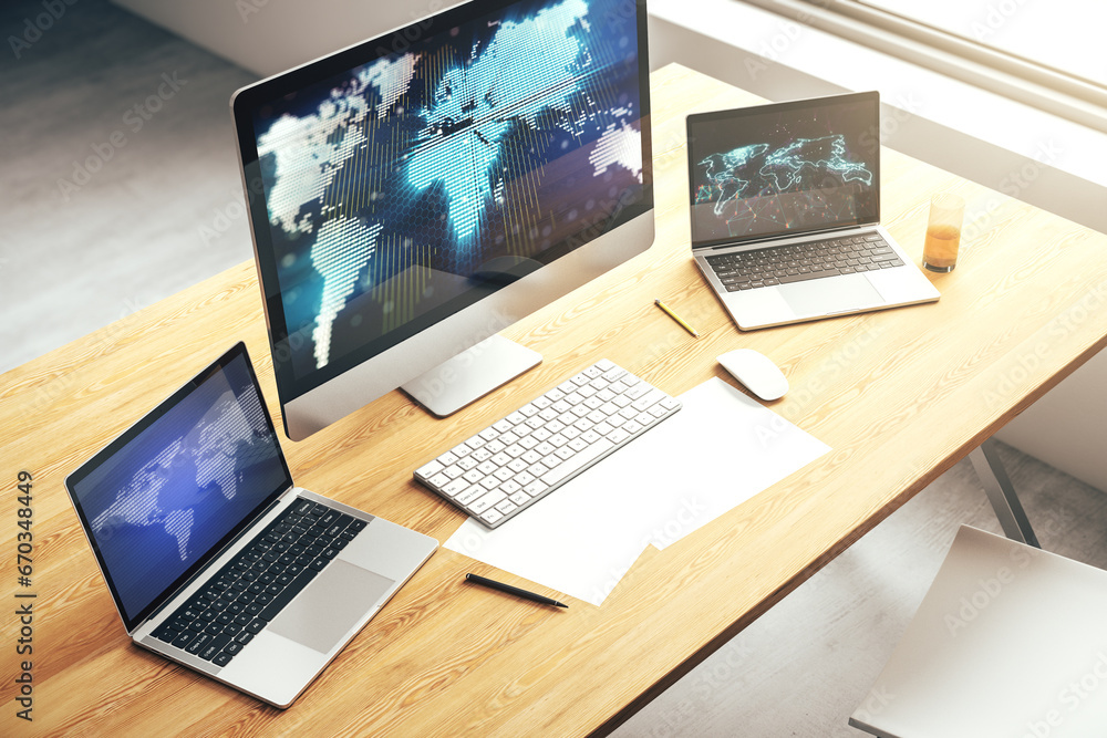 Poster modern computer monitor with abstract digital world map, research and strategy concept. 3d rendering