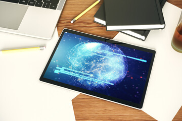 Modern digital tablet screen with abstract graphic coding sketch and world map, big data and networking concept. Top view. 3D Rendering