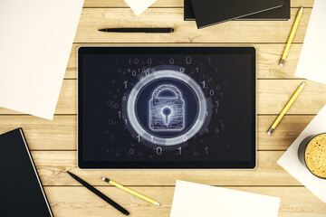 Modern digital tablet display with creative light lock illustration and microcircuit, cyber security concept. Top view. 3D Rendering