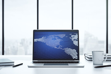 Digital America map on modern laptop screen, international trading concept. 3D Rendering