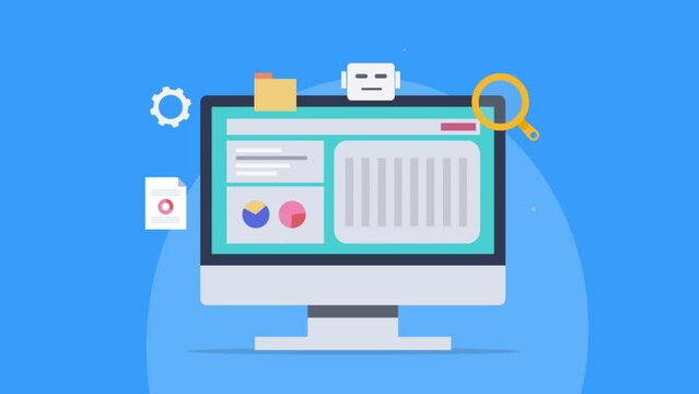 Business analytics and big data technology integrated with artificial intelligence, AI robot software analysing cloud data and display on dashboard interface. Video animation 2d clip.