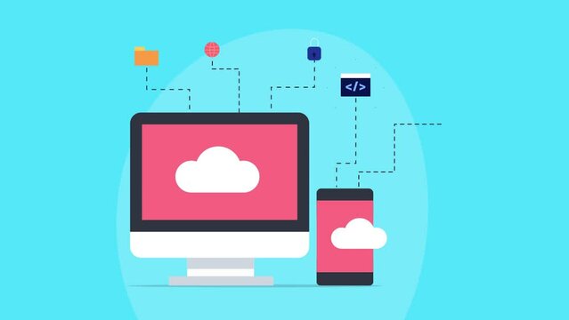 Cloud computing application running on digital device, cloud network connection conceptual video animation 2d clip.