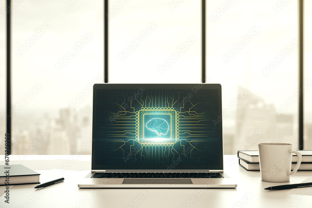 Poster Modern computer monitor with creative artificial Intelligence symbol. Neural networks and machine learning concept. 3D Rendering