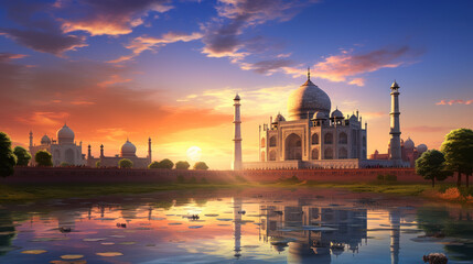 Taj Mahal India at sunset time - obrazy, fototapety, plakaty