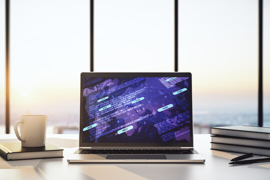 Modern computer screen with abstract graphic coding sketch and world map, big data and networking concept. 3D Rendering