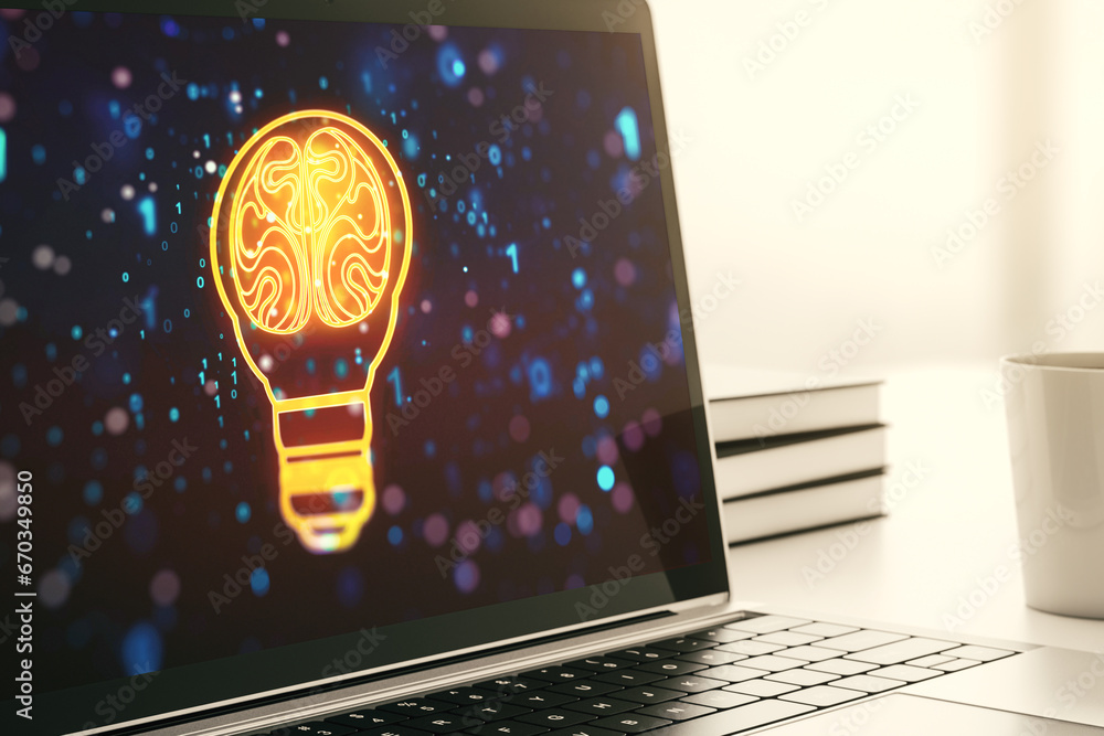 Poster Creative idea concept with light bulb and human brain illustration on modern laptop screen. Neural networks and machine learning concept. 3D Rendering