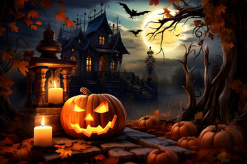 Obraz premium halloween background with pumpkin and bats