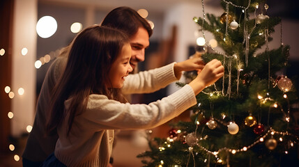 Its a daddy daughter thing. Shot of a young girl and her father decorating the Christmas tree together.