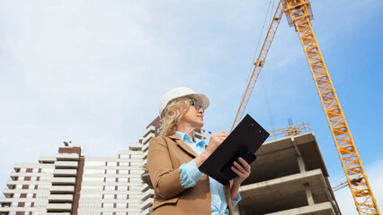 Woman entrepreneur in helmet makes records of work processes at construction site against building and crane. Concept of tracking working moments low angle shot