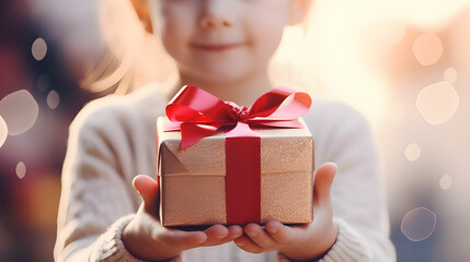 little boy holding a christmas gift.