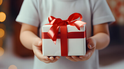 little boy holding a christmas gift.