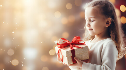little girl holding a christmas gift.