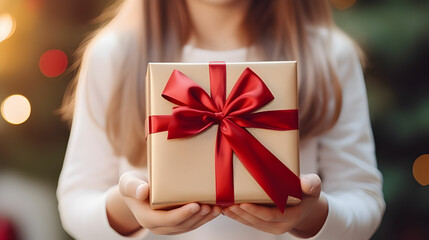 little girl holding a christmas gift.