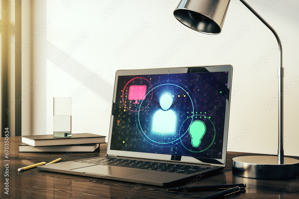 Poster social network concept on modern laptop screen. 3d rendering
