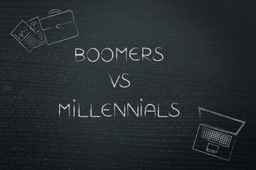 boomers vs millennial text with icons of paperwork and laptop concept traditional jobs vs working...