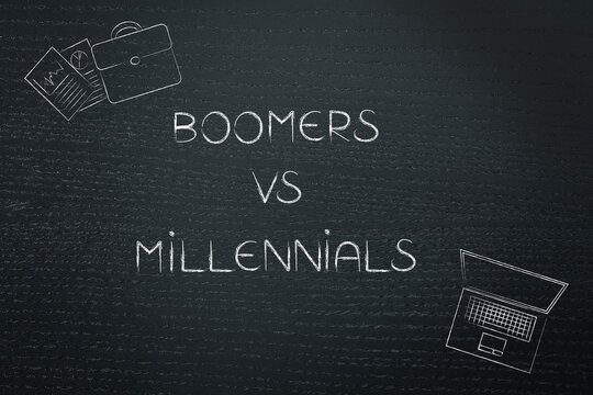 boomers vs millennial text with icons of paperwork and laptop concept traditional jobs vs working remotely