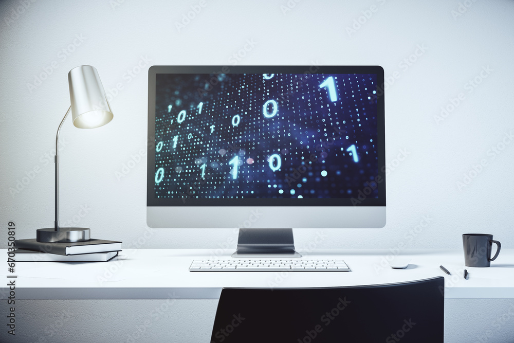 Leinwandbilder modern computer monitor with creative abstract binary code hologram. database and programming concep