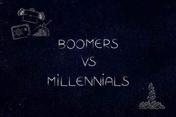 boomers vs millennial text with big wealth vs small coins