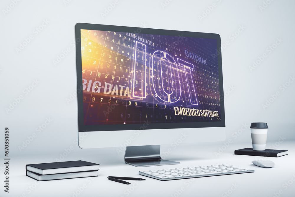 Poster creative iot concept on modern laptop screen. 3d rendering
