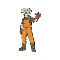 Successful and Friendly Farmer Dog Cartoon Character in Jumpsuit waving hand