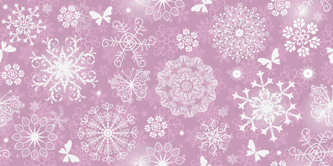 Vector Christmas seamless pattern with snowflakes and butterflies on the gentle rose background