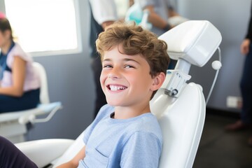 Smiling young boy in dentist chair with a smile on his face. - obrazy, fototapety, plakaty