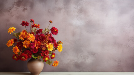 vase of autumn marigold flowers on a solid background with a copy space, greeting card in October, postcard