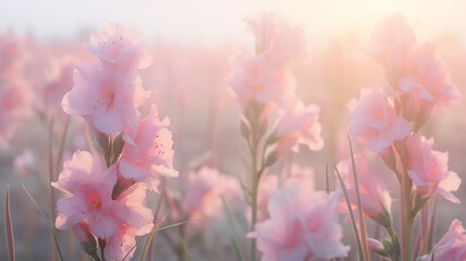 pink flowers nature background gladioli, delicate pastel colors, landscape field of flowers - obrazy, fototapety, plakaty