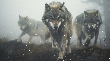 a pack of wolves in a late autumn forest in a snowfall, frontal view of wildlife, predators hunting, fear of attack by wild animals