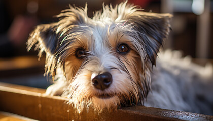 Cute puppy sitting, wet fur, looking at camera, indoors generated by AI