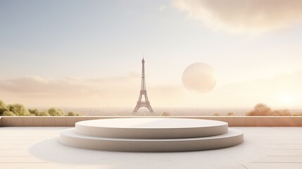 White marble stone podium product display with eiffel tower as background.