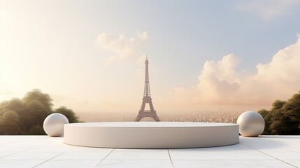 White marble stone podium product display with eiffel tower as background. - obrazy, fototapety, plakaty