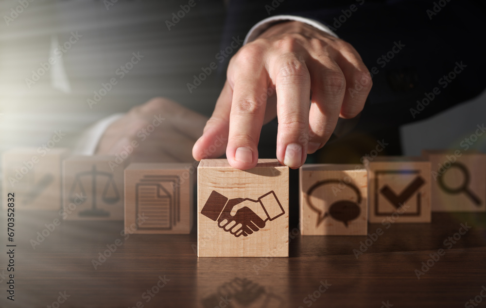 Poster successful contract negotiation strategy. businessman moving a wooden block forward. handshake icon 