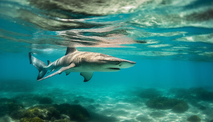 Fototapeta premium Majestic dolphin swimming in blue water, a tropical underwater adventure generated by AI