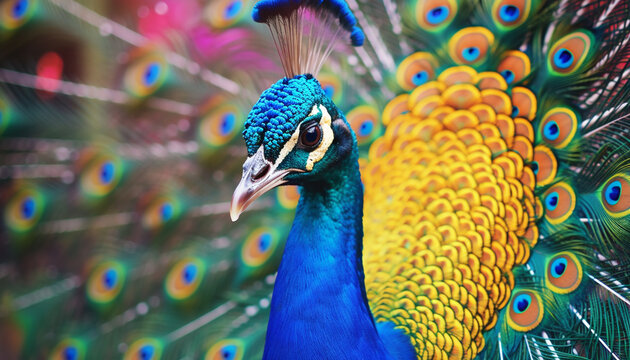 A vibrant, multi colored peacock displays its majestic beauty in nature generated by AI