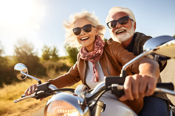 Fototapeta na wymiar Close up view of a senior couple riding a motorbike on a sunny summer day on open road